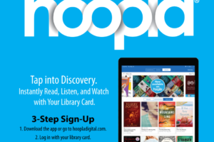 Hoopla logo and image of mobile device using platform