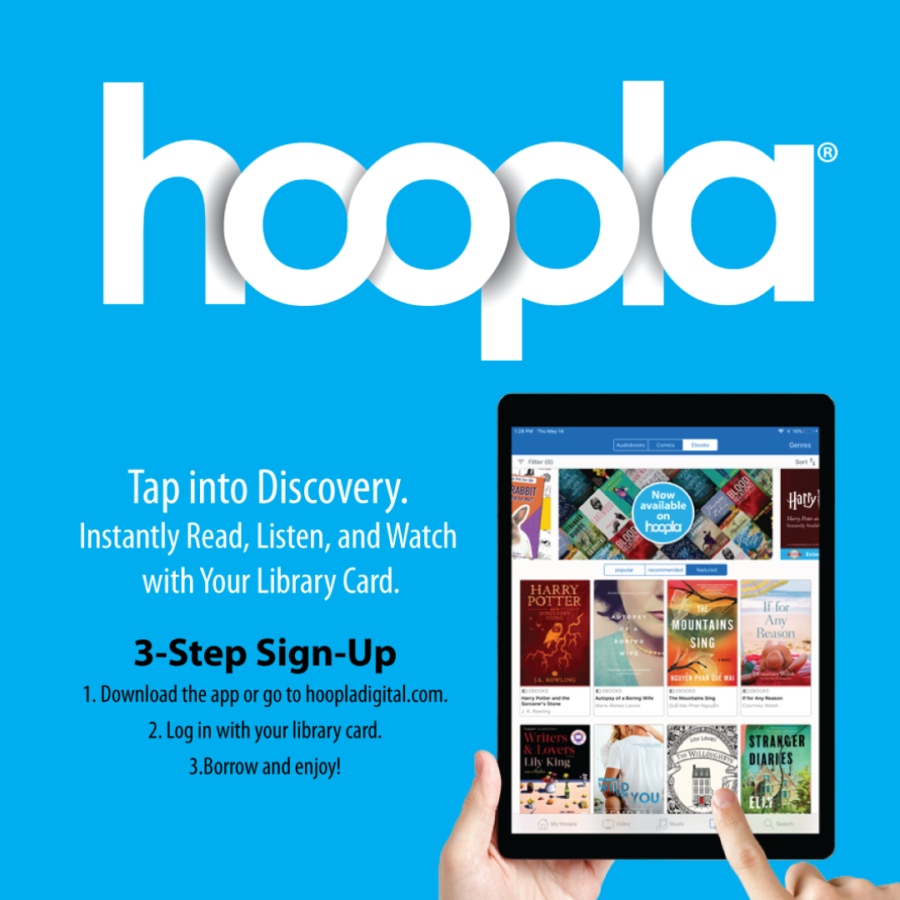 Hoopla logo and image of mobile device using platform