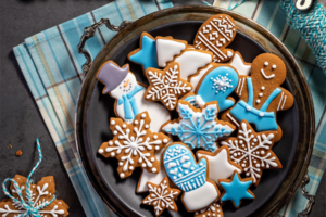 plate with winter themed decorated snowflake and gingerbread cookies