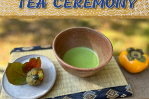 green tea in bowls with bamboo mat