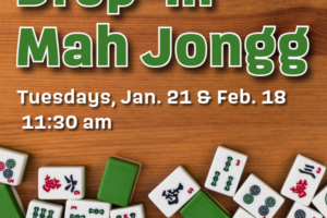 Mah Jongg tiles on wood background with decorative text