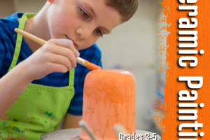 child in apron painting a ceramic with decorative text