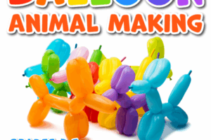 ballon animal of many colors with decorative text