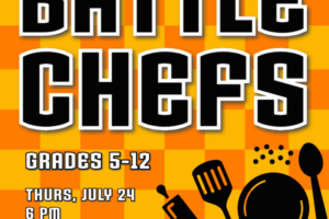 decorative text on and orange checkerboard with cooking tools
