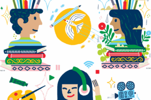 colorful doodles of teens with creative tools