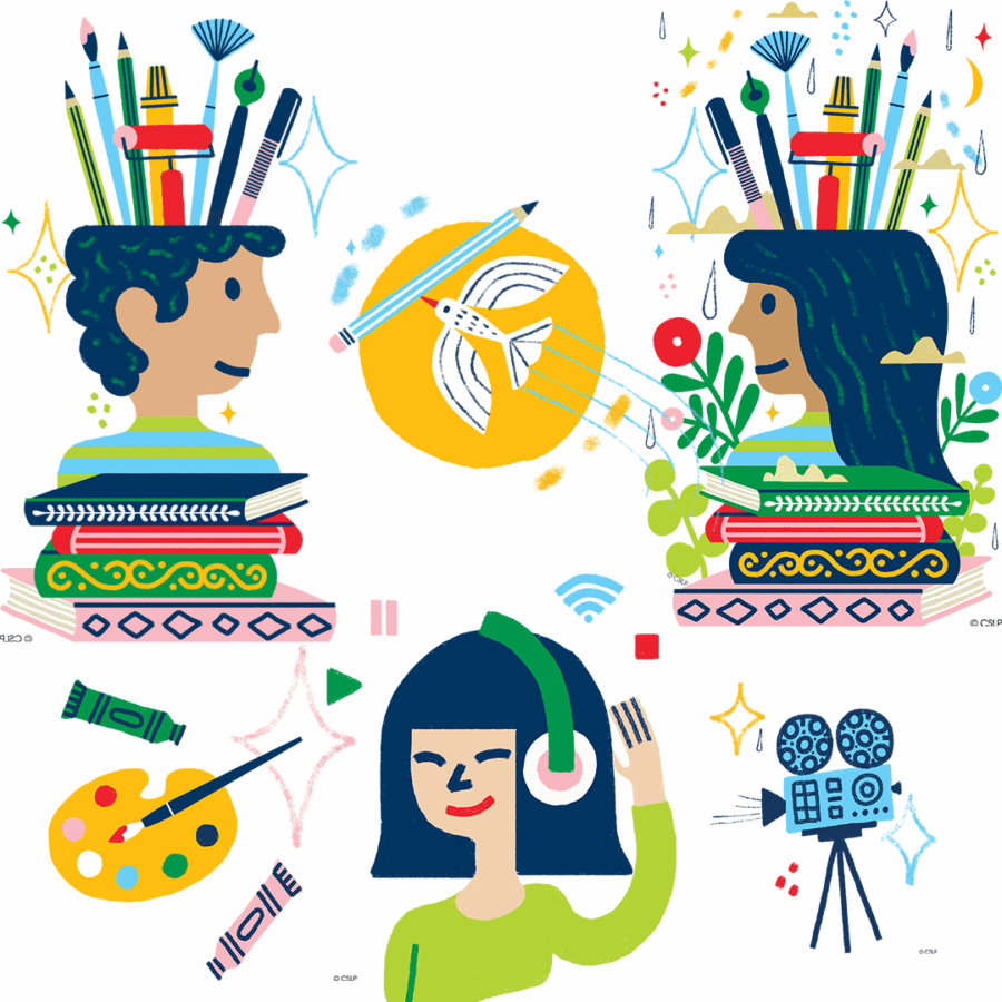 colorful doodles of teens with creative tools