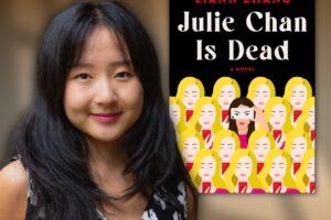 author standing with her book cover