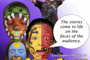 painted faces of stories on teen and children with a man standing telling stories