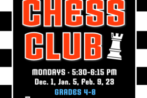 checkerboard background with decorative text and chess piece