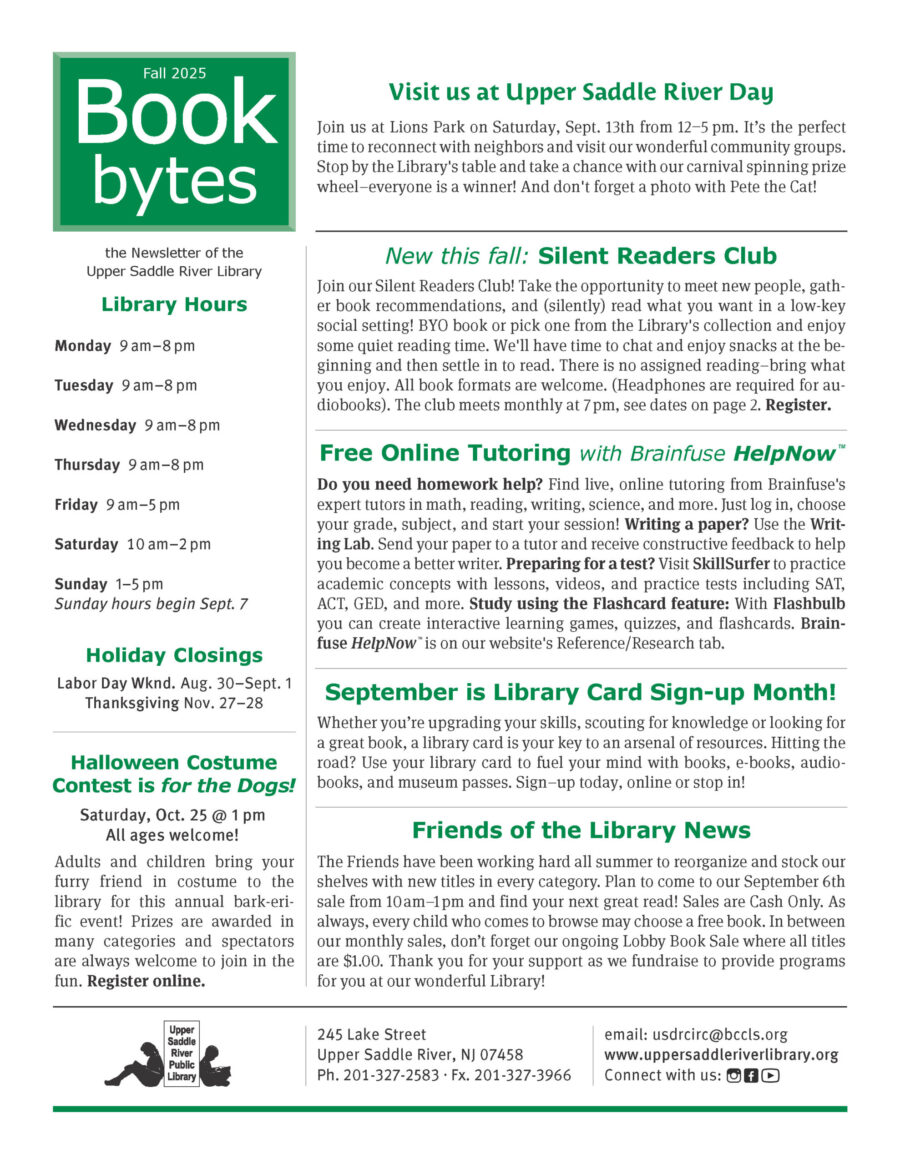 front cover to the fall Library Newsletter with text and logos