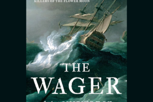 ship tilting in stormy seas with decorative text