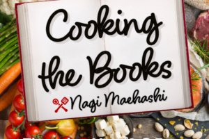 vegetables on cutting boar with open book and decorative text