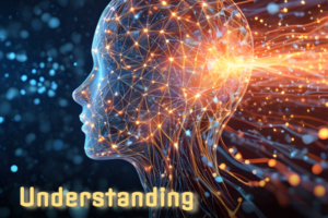 dots of light and lines making up the profile of a human head with decorative text