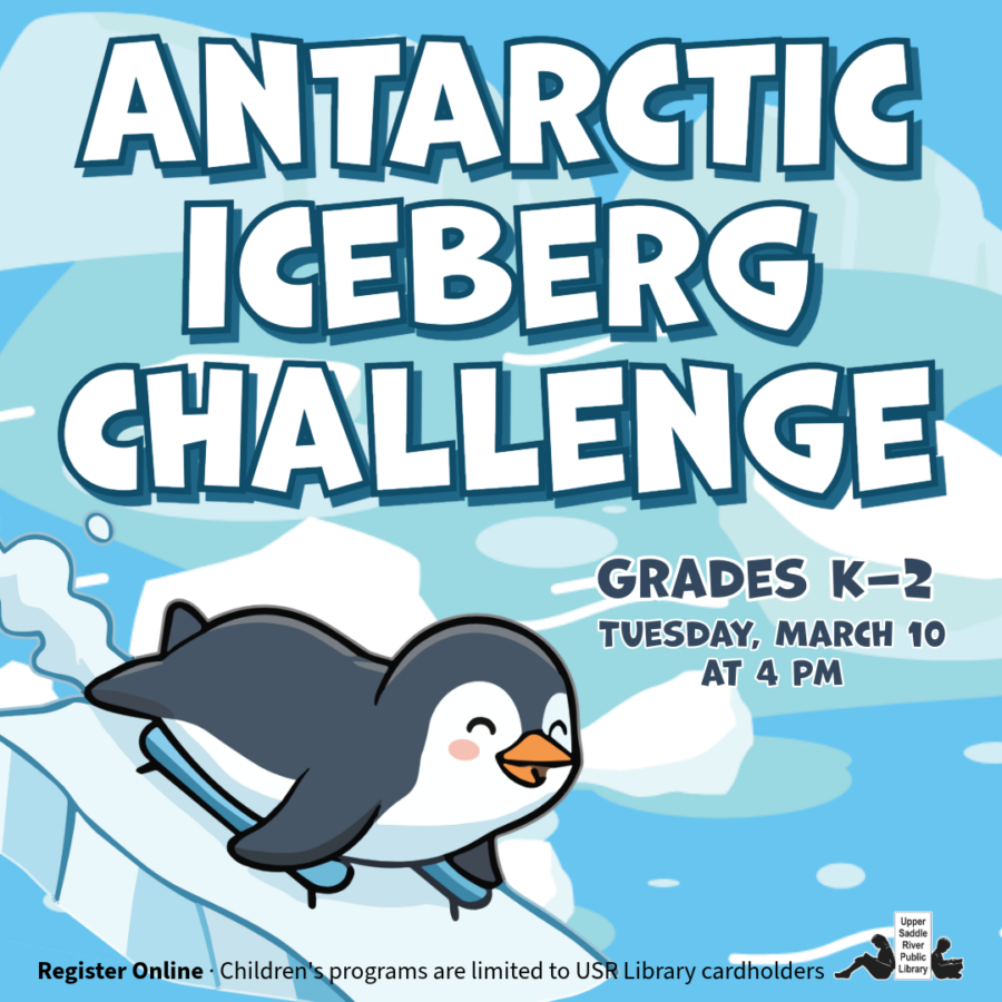 cartoon penguin sliding on iceberg with decorative text