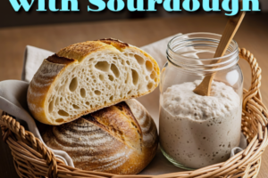 Slice of bread with a basket with sourdough starter
