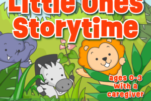 cartoon baby animals playing in a forest with decorative text