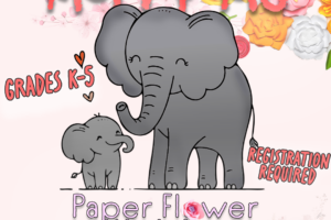 mom elephant with baby elephant and pepper fowler in background with decorative text
