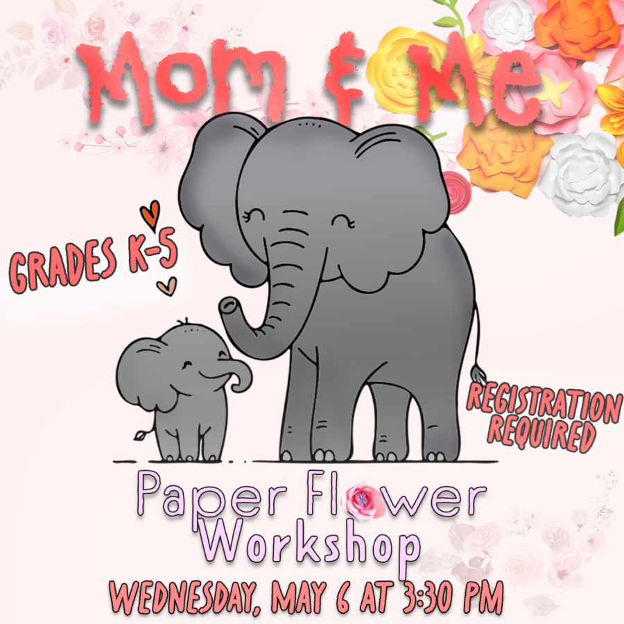 mom elephant with baby elephant and pepper fowler in background with decorative text