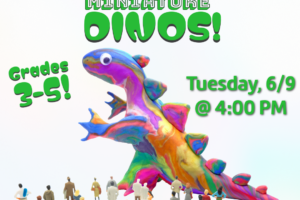 multi colored clay dinosaur with goggle eyes and miniature people