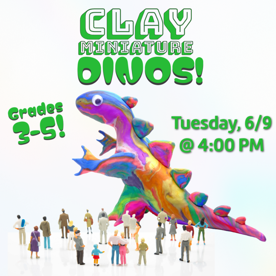 multi colored clay dinosaur with goggle eyes and miniature people