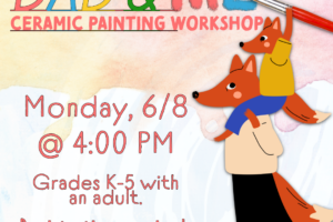 dad fox and kid fox with paint brush and decorative text