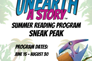 Dinosaur bird sitting on a tree branch reading a book with text