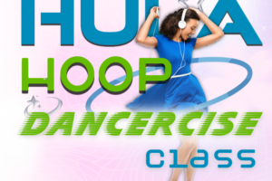 women with hula hoop, headphones and decorative text