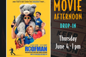 movie poster from Roofman showing a man with a gun and large stuffed animal with several other characters from the movie
