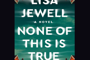 row of houses reflected with blurry titles text of the book