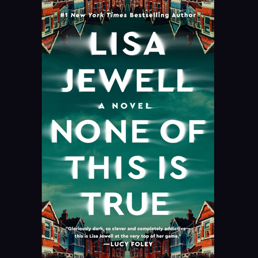 row of houses reflected with blurry titles text of the book