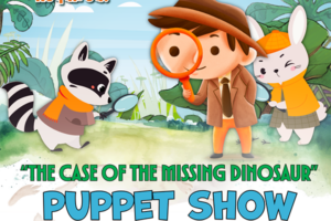 animal and cild deceives searching for clues with magnifying glasses and decorative text