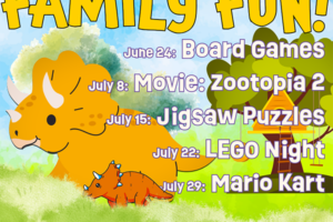 dinosaur family playing outside with decorative text