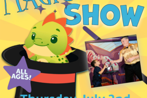 adorable baby dinosaur in a magician's hat with magic wand