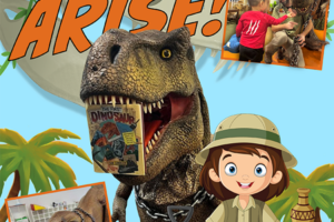 cartoon child with photo of a t-ex and photos of kids