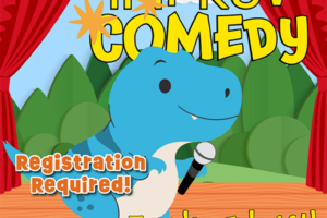blue dinosaur on a stage with microphone and red curtains