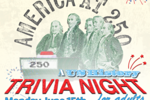 USA founding fathers with red white and blue text, and firework graphics