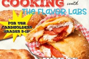 hot sandwich with red checkered wrap and decorative text