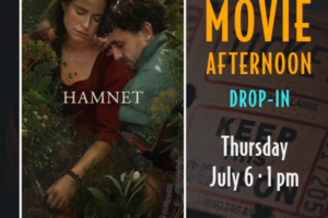 movie poster with text showing woman and man in a forest with heads touching looking down