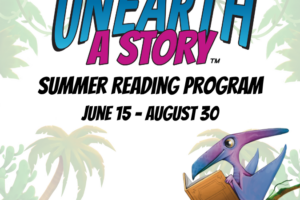 Dinosaur reading book on a branch with decorative text