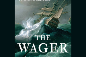 ship with sails leaning to one side on a stormy sea
