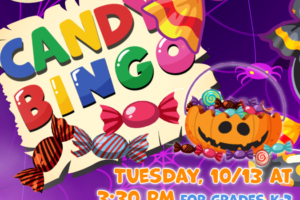 candy, pumpkins, bats, spiders and decorative text