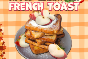 stack of French Toast with Apples and decorative text