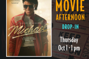movei poster of Michael Jackson as portrayed int he bio movie with decorative type