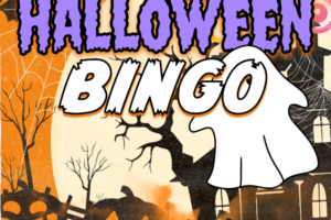 Cartoon Halloween ghost and decorative text
