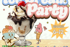 ice cream sundae and decorative text
