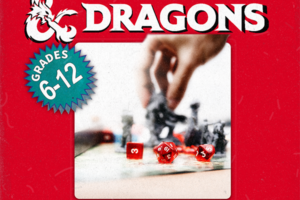 hand holding Dungeons and Dragons game piece and decorative text