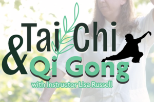 decorative text with faded image of woman practicing Tai Chi