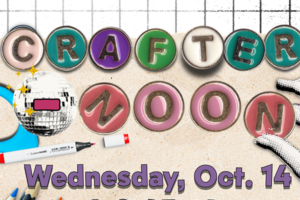 decorative text with craft supplies, colors pencils ,buttons, paper