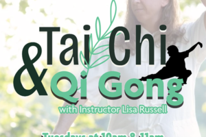 decorative text and woman practicing tai chi